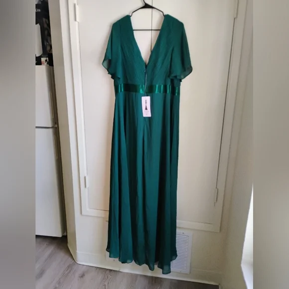 Long Chiffon Empire Waist Bridesmaid Dress with Short Flutter Sleeves ~ Emerald - Picture 4 of 14